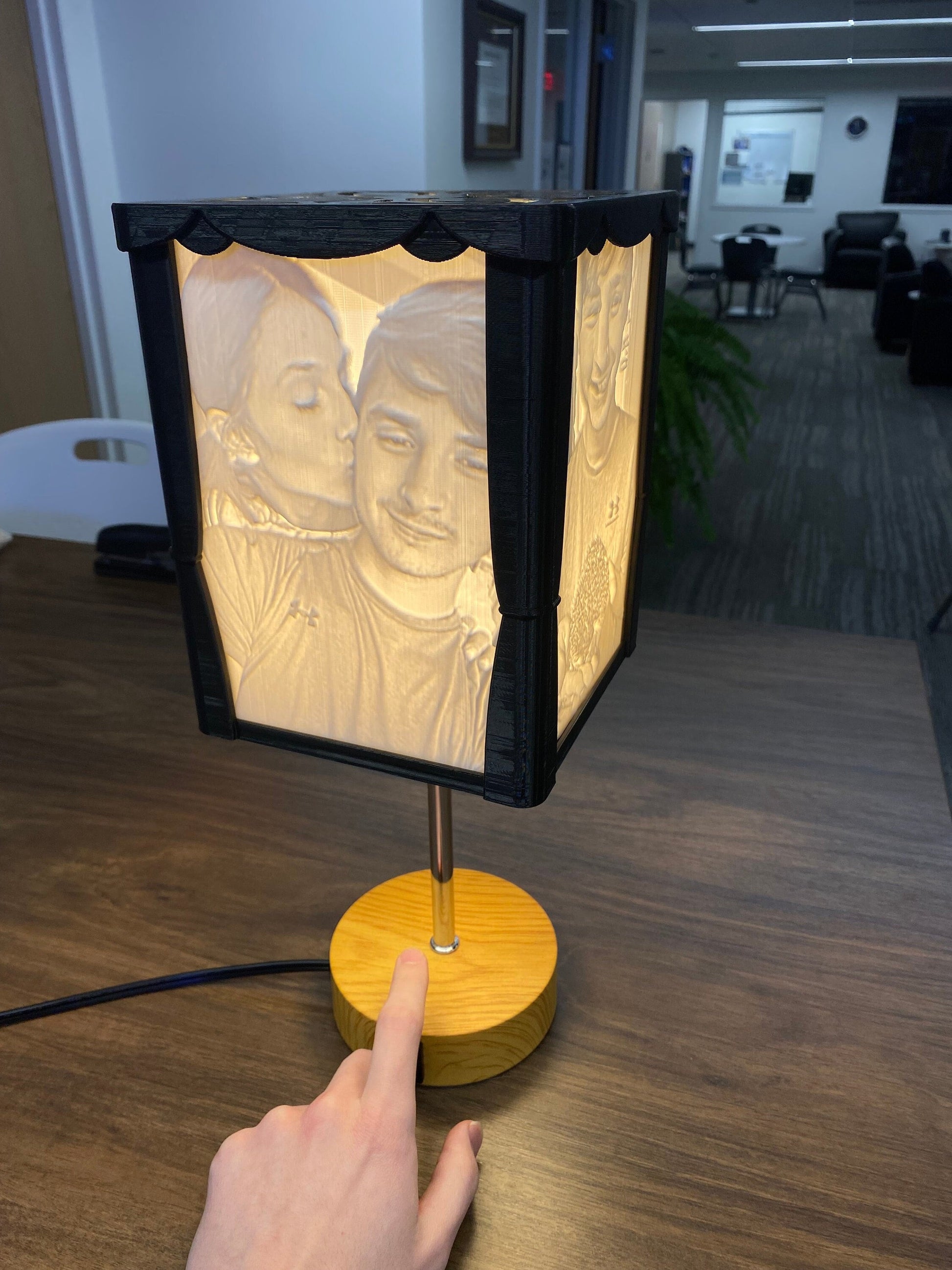 The gift that keeps on giving! Touch base lamp with 3 brightness levels, USB, USB-C, and wall charging ports, along with interchangeable photos, and a secure snap on top!